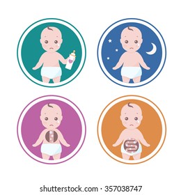 Vector set of four illustrations with reasons why a babies cry like he is hungry, has colic or need sleep