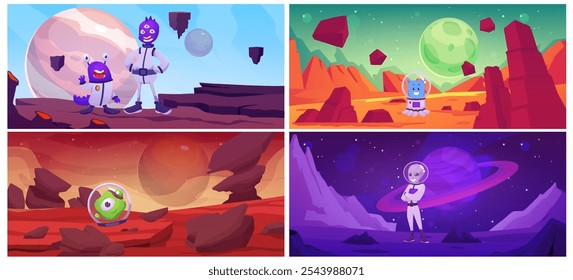 Vector set of four illustrations showing various alien characters in spacesuits on a bright alien landscape. Ideal for children's designs, presented in a flat cartoon style.