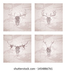 Vector set of four illustrations with silhouettes skulls roe deer, moose and stag on vintage background. Sketch in beige color. For you design, print, tattoo or magic craft.