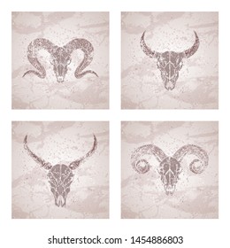 Vector set of four illustrations with silhouettes skulls wild buffalo, bull and ram on vintage background. Sketch in beige color. For you design, print, tattoo or magic craft.