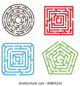 Vector Set. Four Isolated Maze Elements.  Different Types of Labyrinths. Tangled Lines into the Geometrical Shapes on White