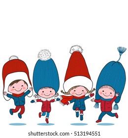 Vector set of four kids in big knitted winter hats in blue, red and white colors on white background