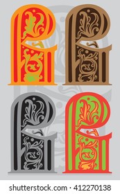 Vector set of four letters. The letter B in the old Russian style. Letter in the old Slavic style.