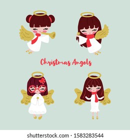 Vector set of four little angels on green background. Religion decorative elements for New year and Christmas holiday. Cute and pretty angels cartoon illustration.