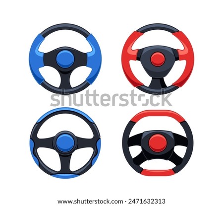 Vector Set Of Four Modern, Colorful Steering Wheels. Includes Two Red And Black, And Two Blue And Black Steering Wheels