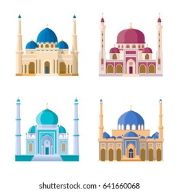 Vector set of four mosques. Arabic religion buildings. Cartoon illustrations set isolate on white background