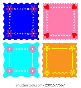 Vector set of four multi-colored square frames decorated with flowers and hearts