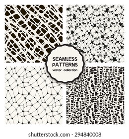 Vector set of four natural seamless patterns. Stylish tileable swatches. Monochrome creative prints, backgrounds with spots, grids, hand drawn graphics. Modern graphic design.