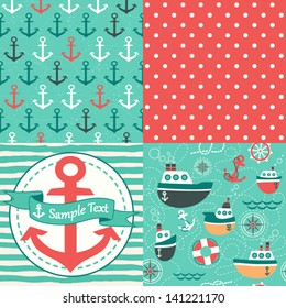 Vector set of four nautical seamless patterns, marine symbols. Use to create quilting patches or seamless backgrounds for various textile and craft projects.