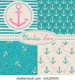 Vector set of four nautical seamless patterns, marine symbols. Use to create quilting patches or seamless backgrounds for various textile and craft projects.