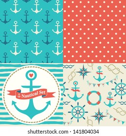 Vector set of four nautical seamless patterns, marine symbols. Use to create quilting patches or seamless backgrounds for various textile and craft projects. svg