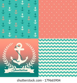 Vector set of four nautical seamless patterns, marine symbols. Use to create quilting patches or seamless backgrounds for various textile and craft projects