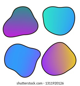 Vector set of four neon liguid shapes. Gradient iridescent ultra violet, blue bubbles for text for business page. Template with fluid fluorescent clouds for banner, logo, web design, background. EPS10