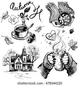 Vector set of four nice autumn illustration in hand drawn style. Cup of tea or coffee, house, girl in a scarf, apple, autumn leaves and cocoa with marshmallows.
