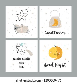 Vector set of four night cards with cute cartoon characters and phrases. Beautiful posters for baby rooms or bedroom. Childish backgrounds with moon, stars, cloud.