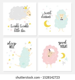 Vector set of four night cards with cute cartoon sheeps and text. Posters for baby bedroom. Vector illustration 