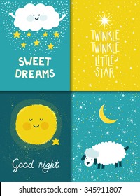 Vector Set Of Four Night Cards With Cute Cartoon Characters And Phrases. Beautiful Posters For Baby Rooms. Childish Backgrounds With Moon, Stars, Cloud, Sheep.