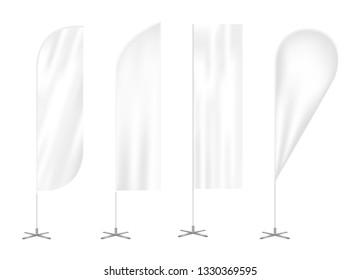 Vector set of four outdoor vertical feather advertising promo flags. Waving wind blade, teardrop and straight banners. Realistic blank template or mock up of bow flags isolated on a white background.