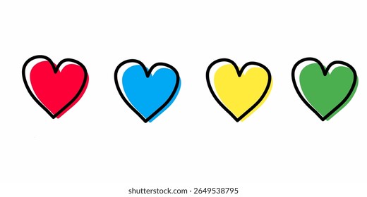 Vector set of four outlined hearts in red, blue, yellow, and green. Simple and versatile, ideal for conveying love, emotion, health, or connection in various design applications.