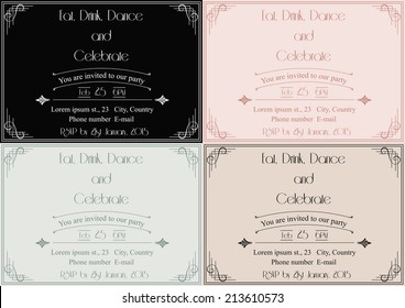 Vector set of four party invitations in art deco style