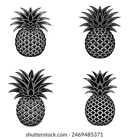 Vector set of four pineapple fruit. Tropical summer vacation collection. Design for print. Black and white illustration