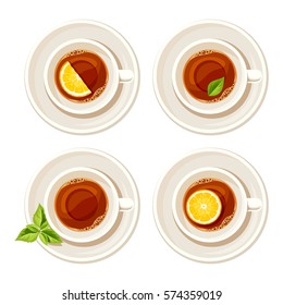 Vector set of four porcelain cups of tea with lemon and tea leaves isolated on a white background.