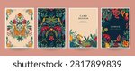 Vector set of four pre-made cards with colorful tropical plants and flowers, palm leaves and leopards. Templates for posters, invitations