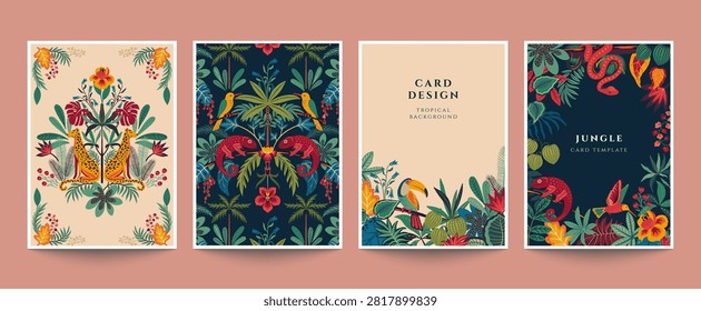 Vector set of four pre-made cards with colorful tropical plants and flowers, palm leaves and leopards. Templates for posters, invitations