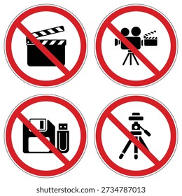 Vector set of four prohibition signs restricting video cameras, film clapperboards, tripods, and digital data storage devices like USB and floppy disks.