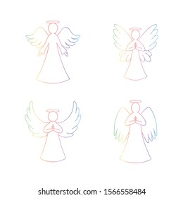 Vector set of four rainbow angels outline on white background. Religion decorative elements for New year, Christmas card