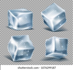 Vector set of four realistic blue ice cubes with water drops, cold, frozen blocks, isolated on transparent background. Solid icy chunks, decorative elements for advertising of refreshing drinks