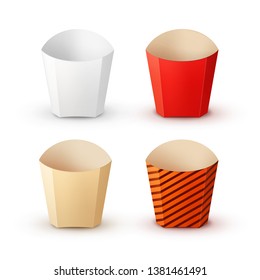 Vector set of four realistic empty white, red, beige and orange striped boxes for french fries isolated on white background, front view