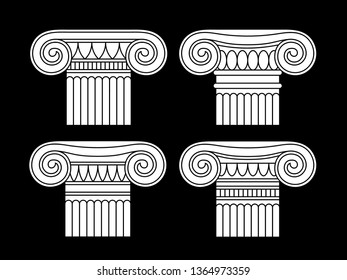Vector set of four realistic, greek, roman antique columns, orders, capitals. White linear silhouettes. Icon, sign, logo.
