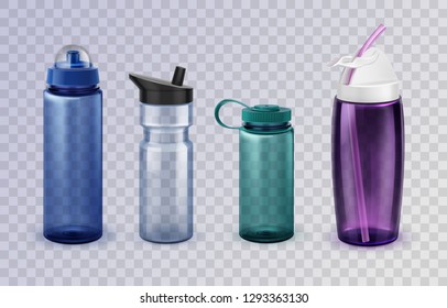 Vector set of four realistic variations of sports and fitness glass and plastic bottles for water on transparent background