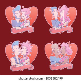 Vector set of four red heart emblems with banners and with cartoon images of different loving couples of various people kissing on a red background. Valentine's Day. Love, wedding, holiday. 