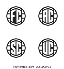 Juego de vectores de cuatro logos redondos en blanco y negro de balones de fútbol con abreviaturas de nombres de club en el medio. Ilustración de íconos de fútbol.