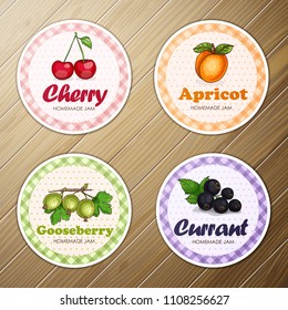 Vector set of four round labels, cherry, apricot, gooseberry, currant homemade jam