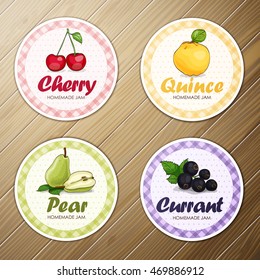 Vector set of four round labels on a wooden background 1