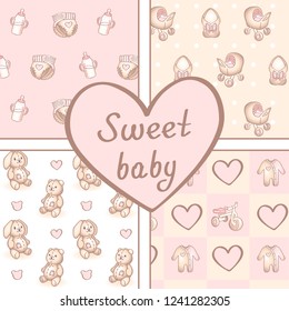 Vector set of four seamless baby girl patterns. Background for happy birthday or invitation cards, baby shower, scrap booking, gift wrapping paper, baby fabric.