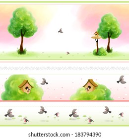 Vector set of four seamless borders. Watercolor tree with green foliage and grass. Cartoon birds and birdhouse. Beautiful blurred background. Hand drawing. 