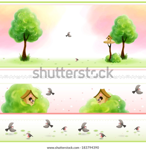 Vector set of four seamless\
borders. Watercolor tree with green foliage and grass. Cartoon\
birds and birdhouse. Beautiful blurred background. Hand drawing.\
