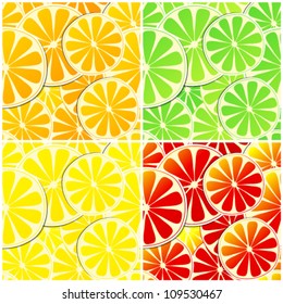 Vector set of four seamless citrus fruit background illustrations - lemon, orange, grapefruit and lime