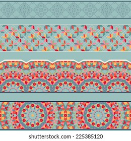 Vector set of four seamless geometric borders.  Multicolored figures and grid.