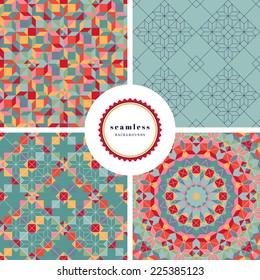 Vector set of four seamless geometric  backgrounds.  Multicolored figures and grid.