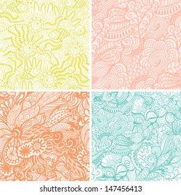 vector set of four seamless hand-drawn pattern, waves background. Seamless pattern can be used for wallpaper, pattern fills, web page background,surface textures. Gorgeous seamless floral background