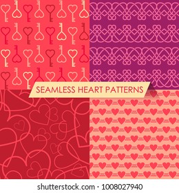 Vector set of four seamless heart patterns. Collection in red, pink, yellow and violet tones. Can be used as a background for birthday or Valentine’s Day card, wrapping paper and wedding invitation.