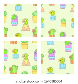 Vector set of four seamless patterns with cacti and succulents in flower pots. Flat style color collection.