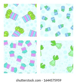 Vector set of four seamless patterns with cacti and succulents in flower pots. Flat style color collection.