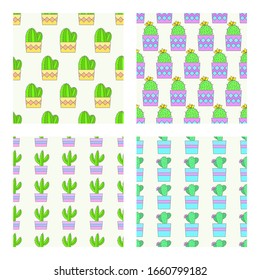 Vector set of four seamless patterns with cacti in flower pots. Flat style color collection.