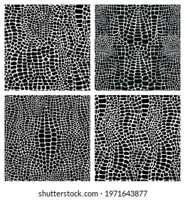 Vector set of four seamless patterns with crocodile or alligator skin. Monochrome leather wallpapers. Black and white animal backgrounds. Collection of print camouflage illustrations.